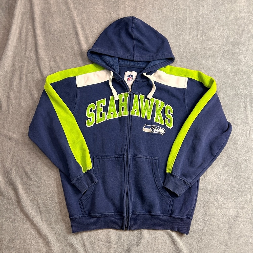 Y2K Seattle‎ Seahawks Hoodie Mens Medium Blue Football NFL Embroidered Full Zip